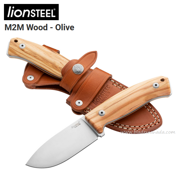 Lion Steel M2M UL Fixed Blade Knife, M390 Satin, Olive Wood, Leather Sheath